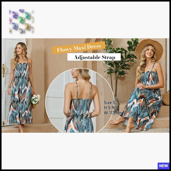 Spaghetti Strap Maxi Dress Smocked with Pockets Boho Beach Casual Long Sundress - Picture 7 of 7